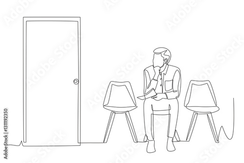 Man holding doctor's prescription waiting at clinic. Waiting in the clinic waiting room concept one-line drawing