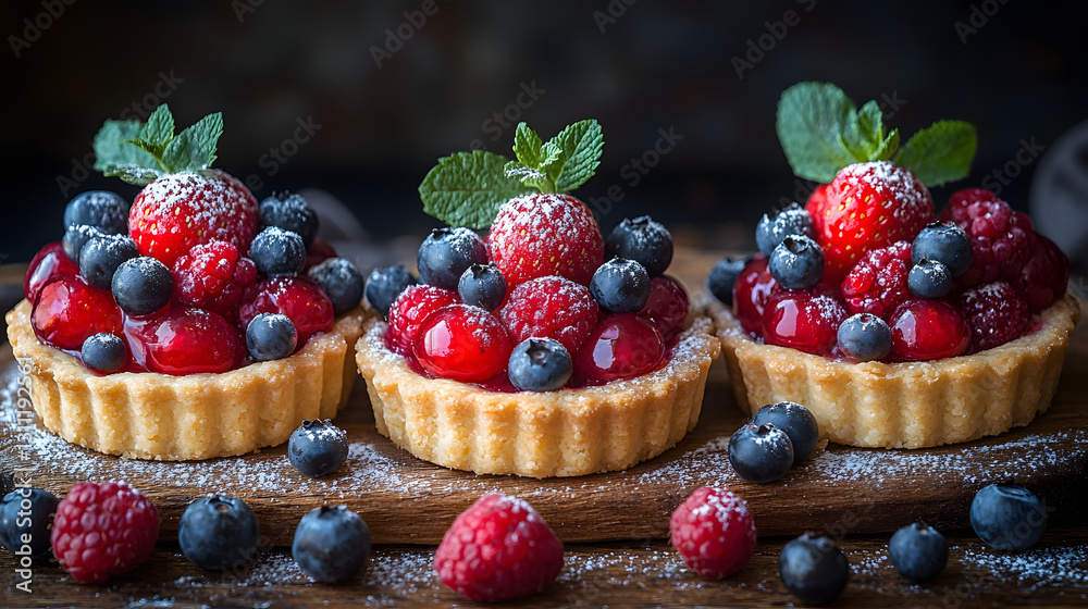 A close up of a raspberry tart with a leaf on top A close up of a raspberry tart with a leaf on top