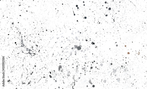 Monochrome ink splatter texture with scattered spots and scratches on white. Ideal for backgrounds and design.
