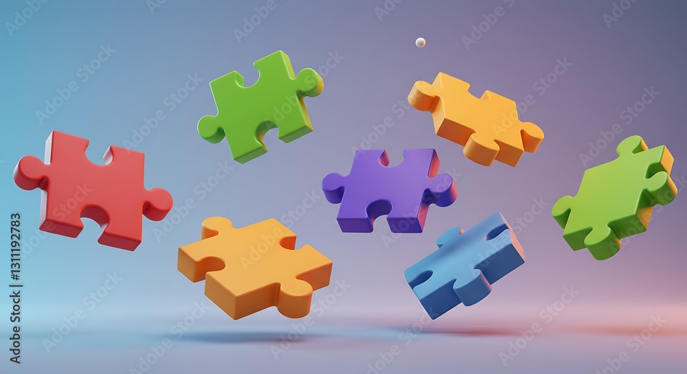 Colorful Puzzle Pieces Floating Against a Soft Gradient Background Colorful Puzzle Pieces Floating Against a Soft Gradient Background