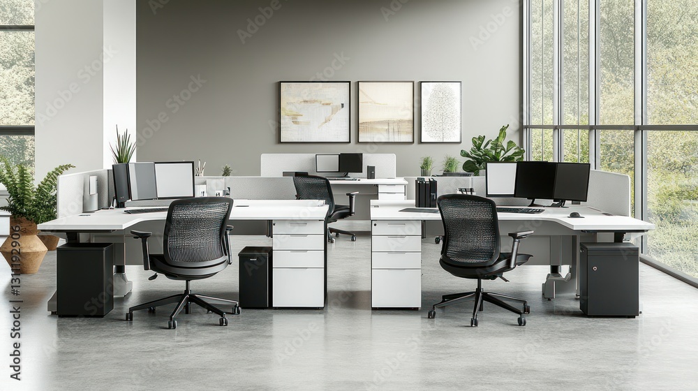 Modern Office Space with Windows, Interior Design, Working Area, Productivity, Office Setup Modern Office Space with Windows, Interior Design, Working Area, Productivity, Office Setup