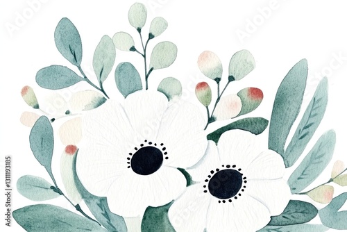 Flowers in muted tones on a white background. Watercolor illustration is perfect for a greeting card.