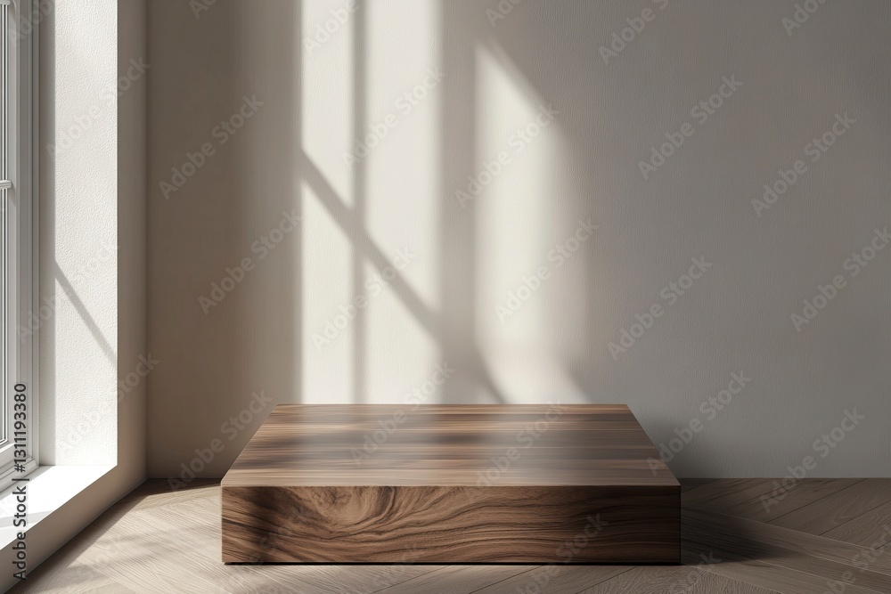 Fototapeta premium Abstract background with an empty wooden table top, a perspective view, and a wooden floor with a dark brown color and a white wall. A mock-up template for a product display presentation design concep