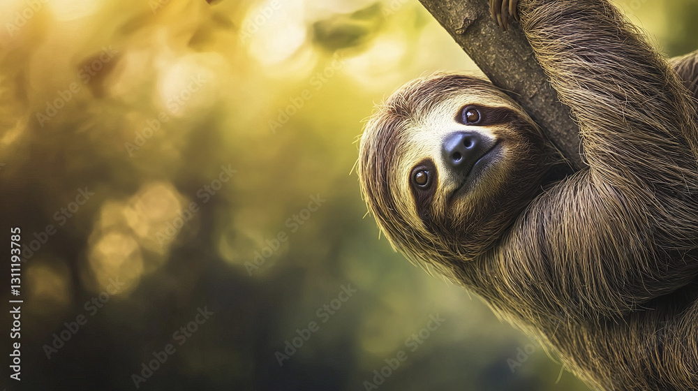 Fototapeta premium sloth hangs gracefully from tree branch in lush forest