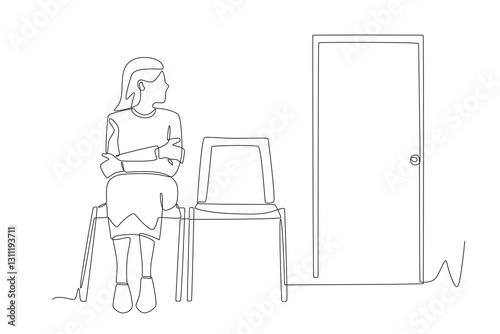 Shivering female patient waiting in line at the clinic. Waiting in the clinic waiting room concept one-line drawing