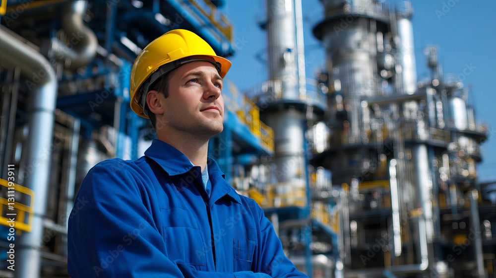 Chemical Engineer Inspecting Pipelines at a Refinery with Machinery in Background Chemical Engineer Inspecting Pipelines at a Refinery with Machinery in Background