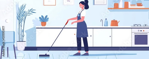 Happy Woman Cleaning Modern Kitchen Floor Using Mop Happy Home Cleaning Service room flat maid house