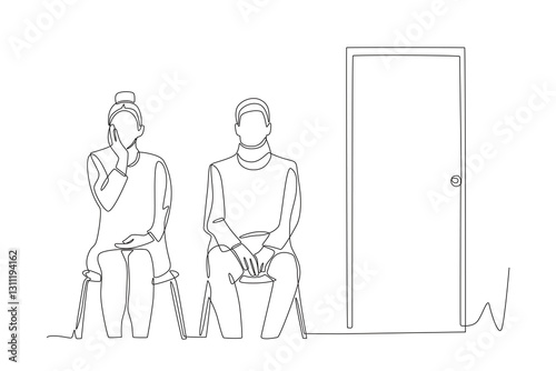 Two sick patients queue at the clinic. Waiting in the clinic waiting room concept one-line drawing