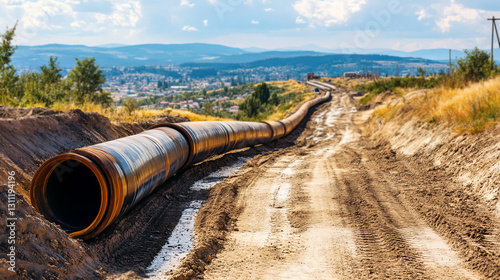 Wallpaper Mural Large Pipeline Project for Transporting Water to City in Rural Landscape with Mountains Torontodigital.ca