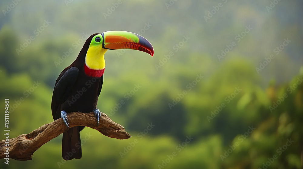 Obraz premium Colorful toucan perched on twisted branch in lush forest