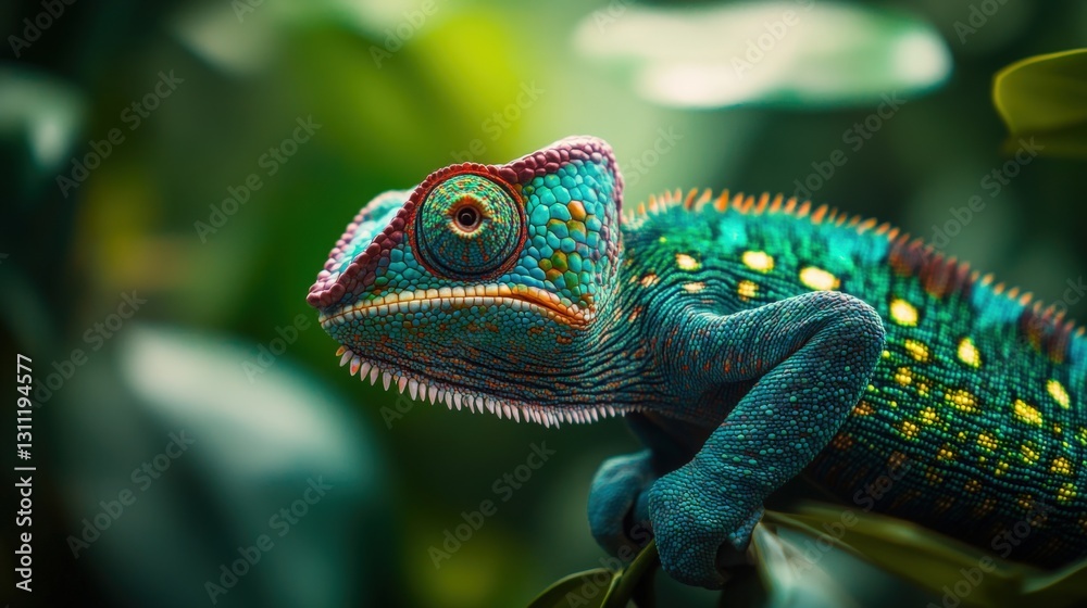 Fototapeta premium Vibrant chameleon in lush green foliage