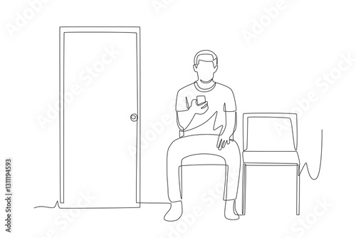 Man queuing at clinic while playing with smartphone. Waiting in the clinic waiting room concept one-line drawing