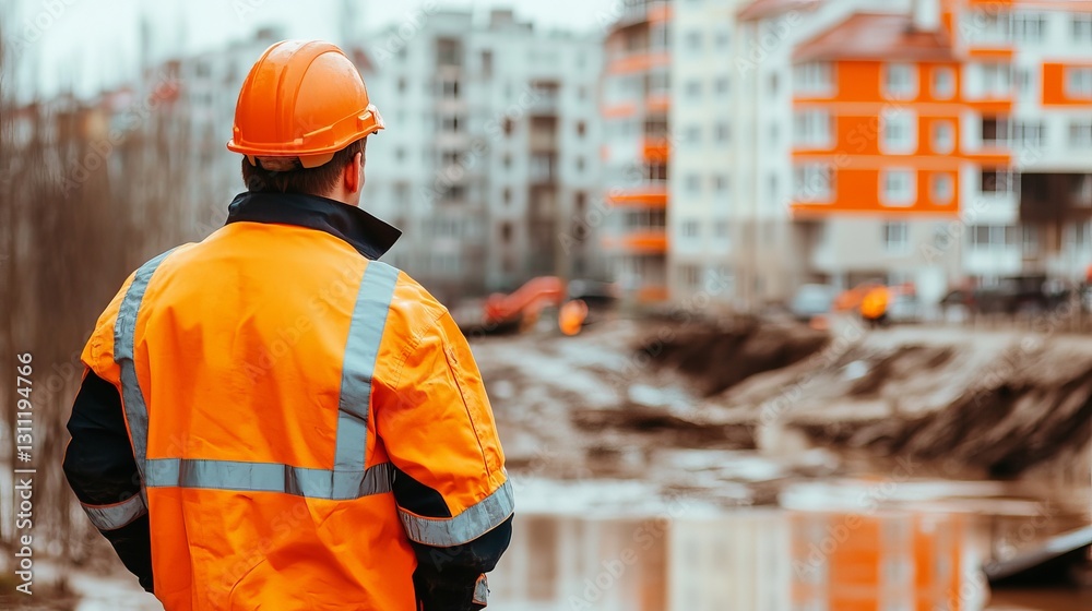 Civil Engineer Checking Flood Defenses in Urban Area During Construction Work Civil Engineer Checking Flood Defenses in Urban Area During Construction Work