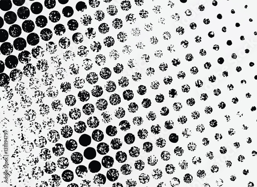 Monochrome abstract halftone pattern with grunge texture. Black dots and distressed effects on white.