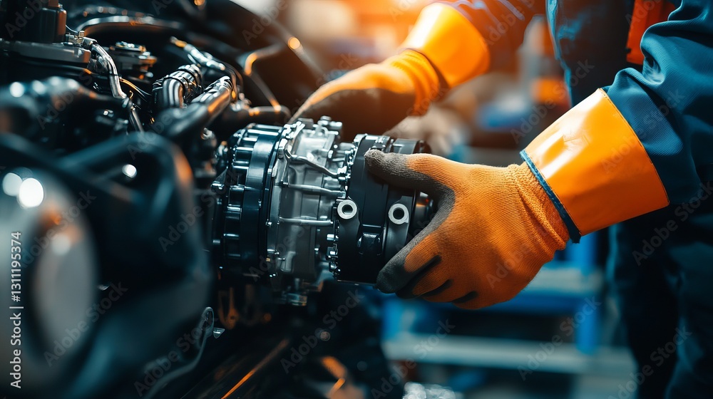 Fototapeta premium Technician Assembling Electric Motor for Vehicle Maintenance in Automotive Workshop Environment