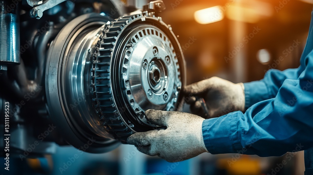 Industrial Mechanic Repairing Large Motor Component in Workshop Environment Industrial Mechanic Repairing Large Motor Component in Workshop Environment