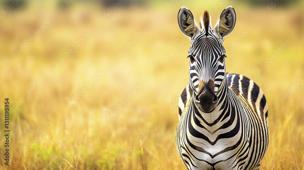 Naklejka premium Zebra standing in golden grass with striking stripes