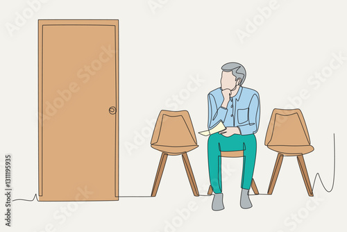 Colored man holding doctor's prescription waiting at clinic. Waiting in the clinic waiting room concept one-line drawing