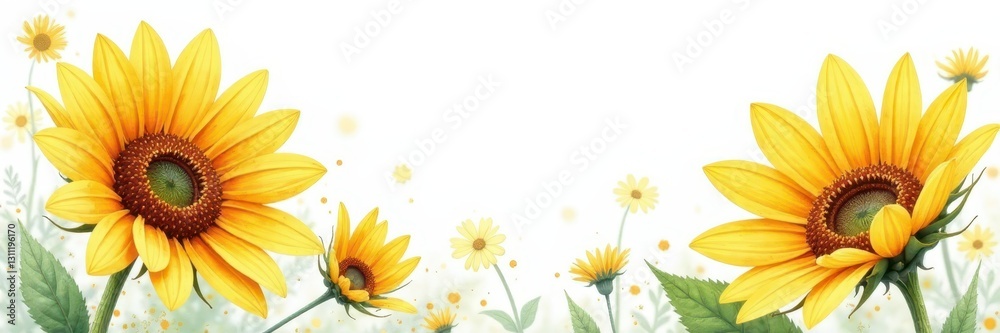 Fototapeta premium Loose watercolor style, single sunflowers & daisies , nature, yellow, art