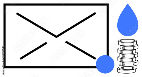 Large envelope graphic alongside blue water drop, stacked coins, and a circle. Ideal for communication, finance, sustainability, messaging, financial transactions saving resource management. Flat