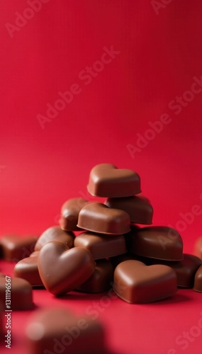 Pile of milk chocolate hearts against a blurred, red backdrop , pastel, candy hearts