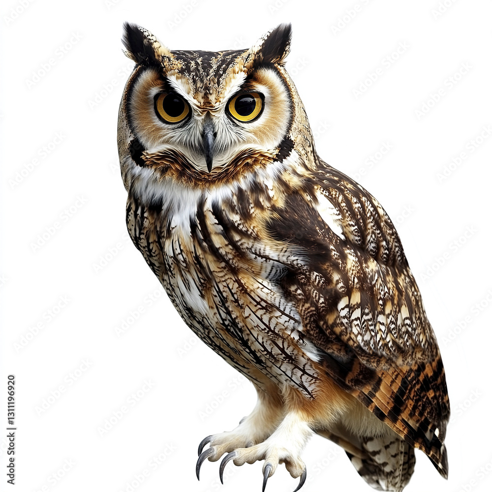 Fototapeta premium Owl isolated on white background, showcasing detailed feathers