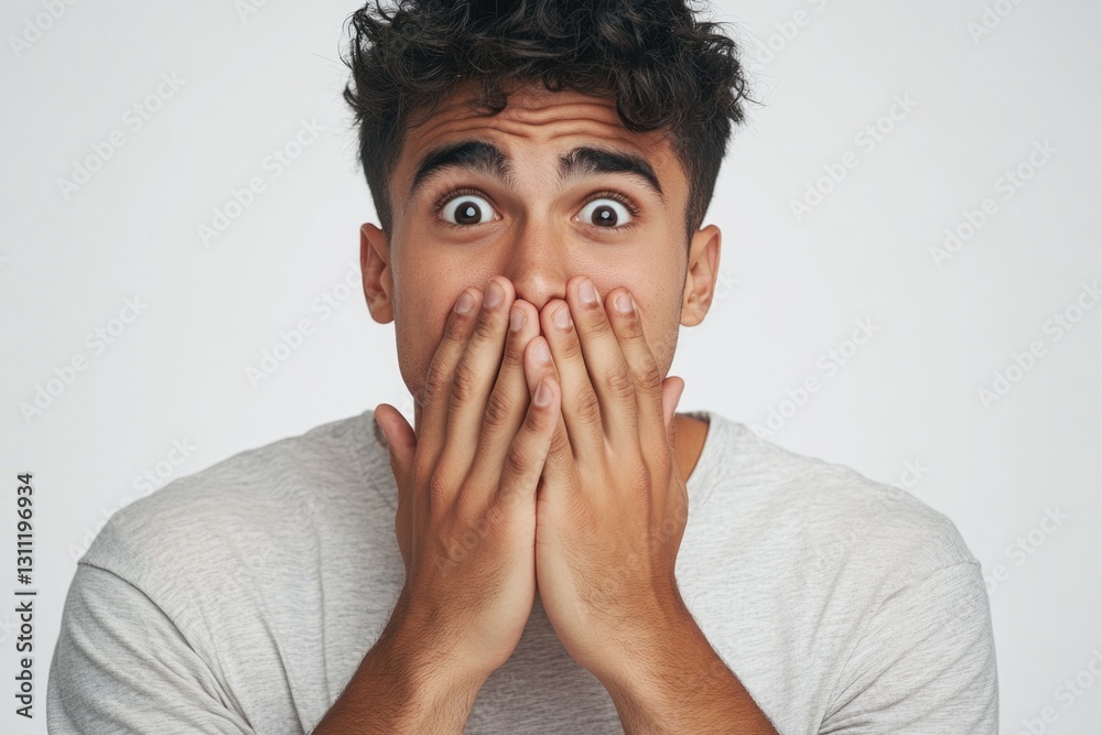 A person covering their mouth with their hands, possibly in shock or trying to contain emotions A person covering their mouth with their hands, possibly in shock or trying to contain emotions
