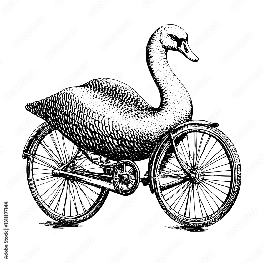 Fototapeta premium Unique design of a swan riding a vintage bicycle depicts creativity and whimsy in an engraved vector tattoo style
