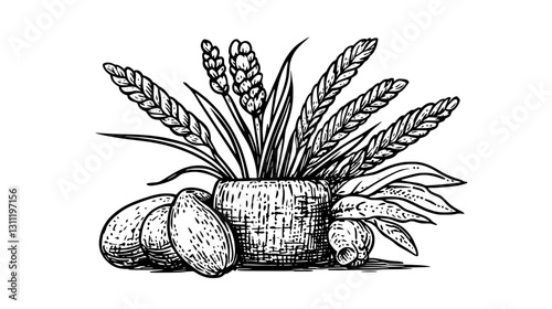 Detailed engraving of wheat and beans arranged in a rustic jar showcasing nature's bounty in a tattoo design