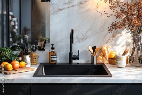 A sleek black undermount sink is positioned in an elegant kitchen, accompanied by fresh fruits, herbs, and tasteful decor that enhance the ambiance photo