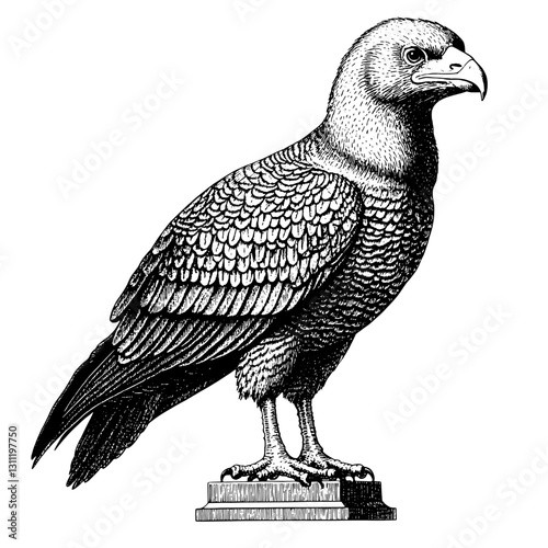 Detailed engraving of a striking bird of prey showcasing intricate feather patterns and a bold stance