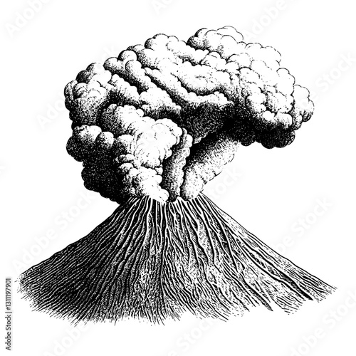 Stunning engraved vector illustration of a volcano erupting with detailed clouds of ash and smoke