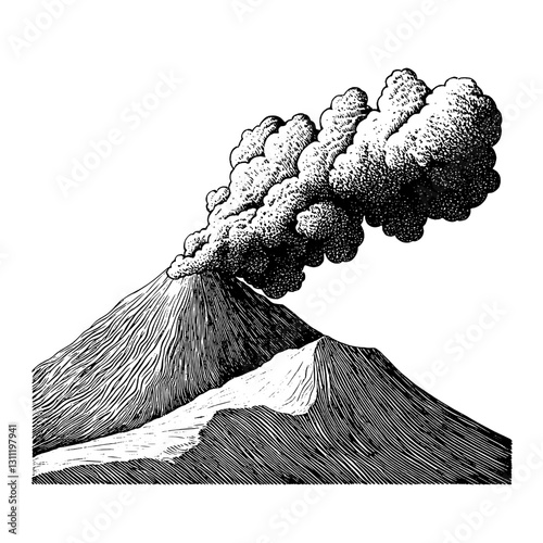 Engraved vector tattoo design featuring an erupting volcano with smoke and intricate details