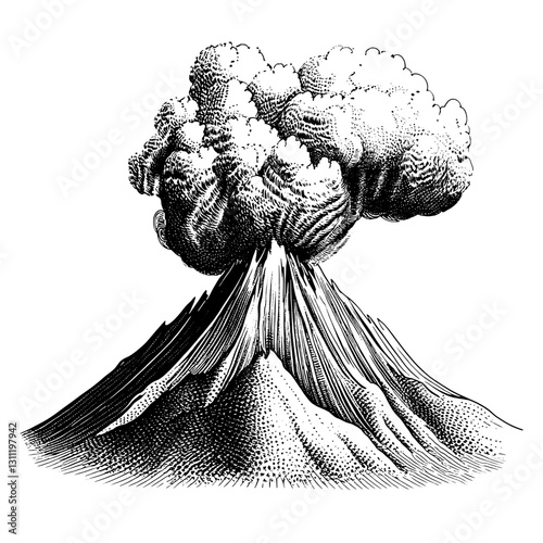 Vector engraving of a volcanic eruption depicting smoke and ash billowing from a mountain