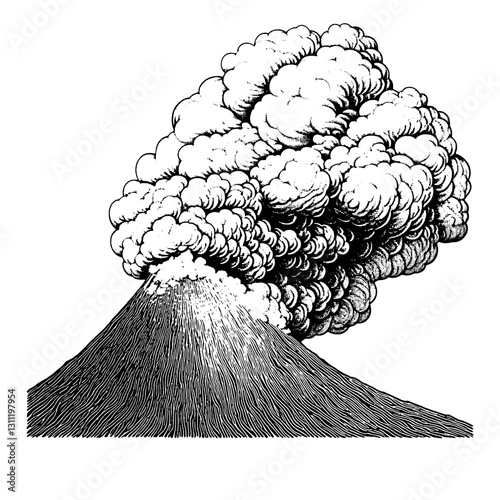 Engraved vector artwork showcasing a volcanic eruption with detailed clouds emitting from the summit