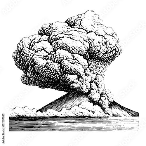 Engraved tattoo design depicting a volcanic eruption with billowing clouds and flowing lava in a simplistic style