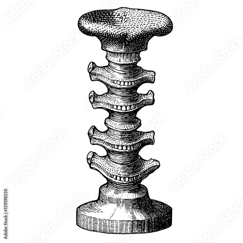 Engraved vector design featuring a vintage tattoo of a human vertebra sculpture