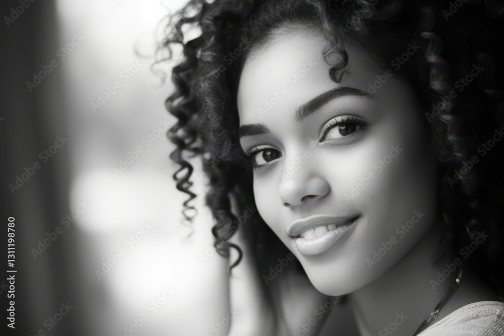 Fototapeta premium A young woman with beautiful curly hair smiles softly, capturing the essence of joy and warmth. The gentle light accentuates her features, creating a captivating moment of tranquility