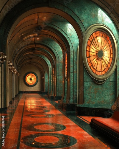 A long corridor with a classic clock on the wall, ideal for interior design or architecture projects