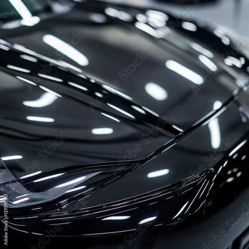 Close-up shot of a shiny black car with sleek design and glossy paint