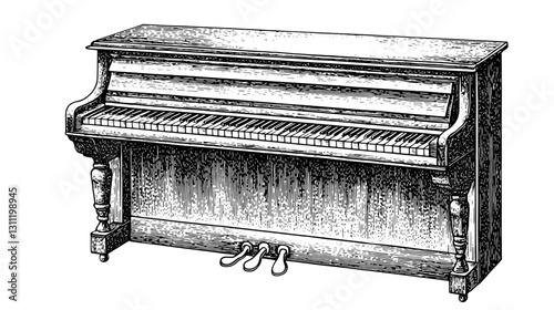 Engraved vector art of a vintage piano with intricate details and an antique design suitable for tattoo inspiration