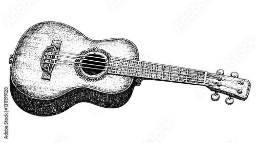 Engraved vector illustration of a traditional guitar designed for tattoo art and digital graphics