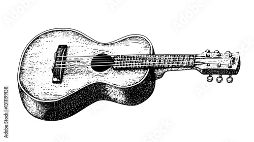 Engraved vector illustration of an acoustic guitar design for tattoo enthusiasts and artists