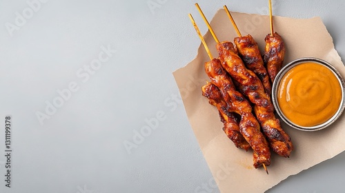 Grilled Meat Skewers with Sauce on Paper Plate in Natural Light photo