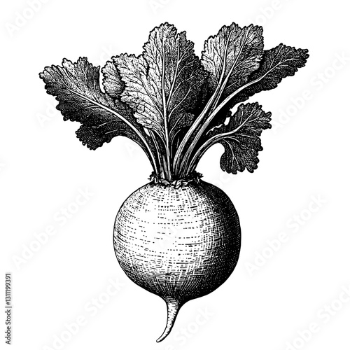 Engraved vector illustration of a radish with detailed leaves on top showcasing classic tattoo style design elements