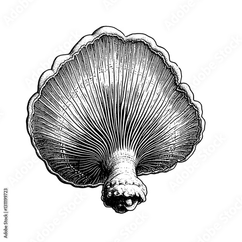 Intricate engraving of a mushroom showcasing detailed gills and texture in vector format suitable for tattoo designs