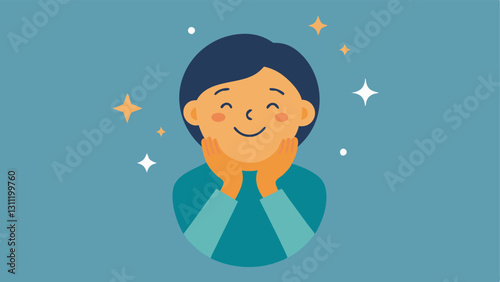 User Experience Create an image of a person gently touching their cheek with a satisfied smile surrounded by sparkles that symbolize the positive feeling and satisfaction from