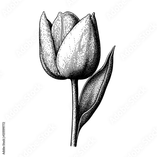 Engraved floral design featuring a detailed tulip with leaves in a classic vector tattoo style