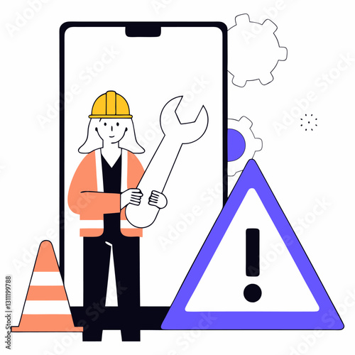 Digital Illustration of a Female Engineer Handling Technical Issues and Maintenance