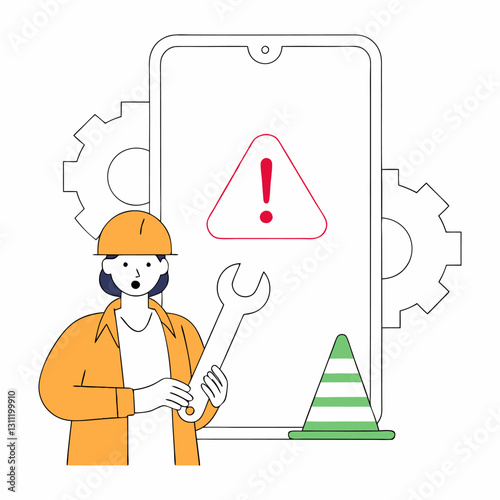 Digital Illustration of a Female Engineer Handling Technical Issues and Maintenance